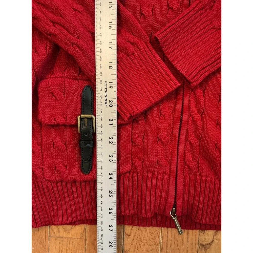 Lauren Ralph Lauren Sweater Womens L Red Cable Full Zip Brass Buckles Pockets